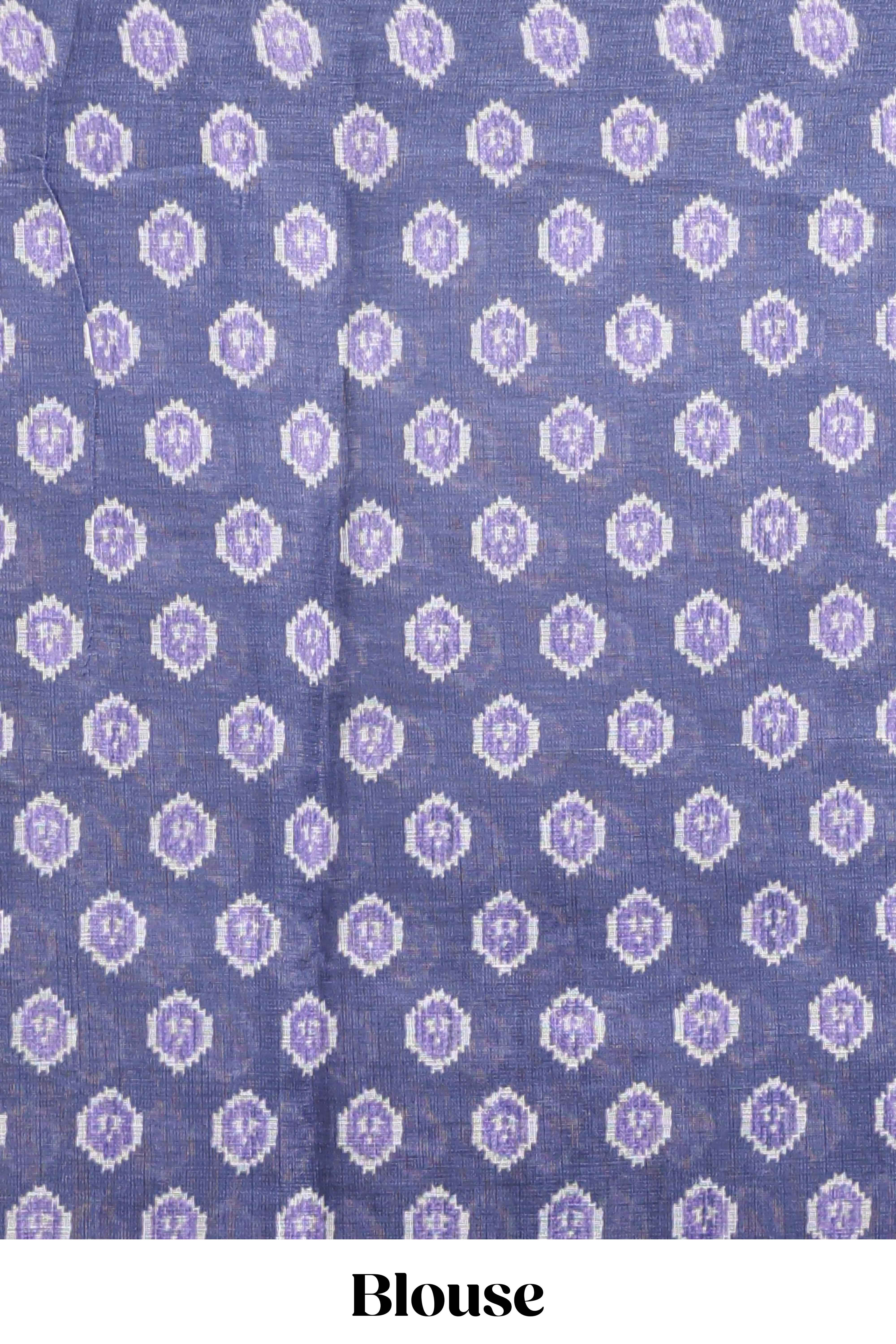 Lavender deer & fawn motifs linen cotton saree with self zari border and contrast ikkat style pallu