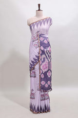 Purple deer & fawn motifs linen cotton saree with self zari border and contrast ikkat style pallu