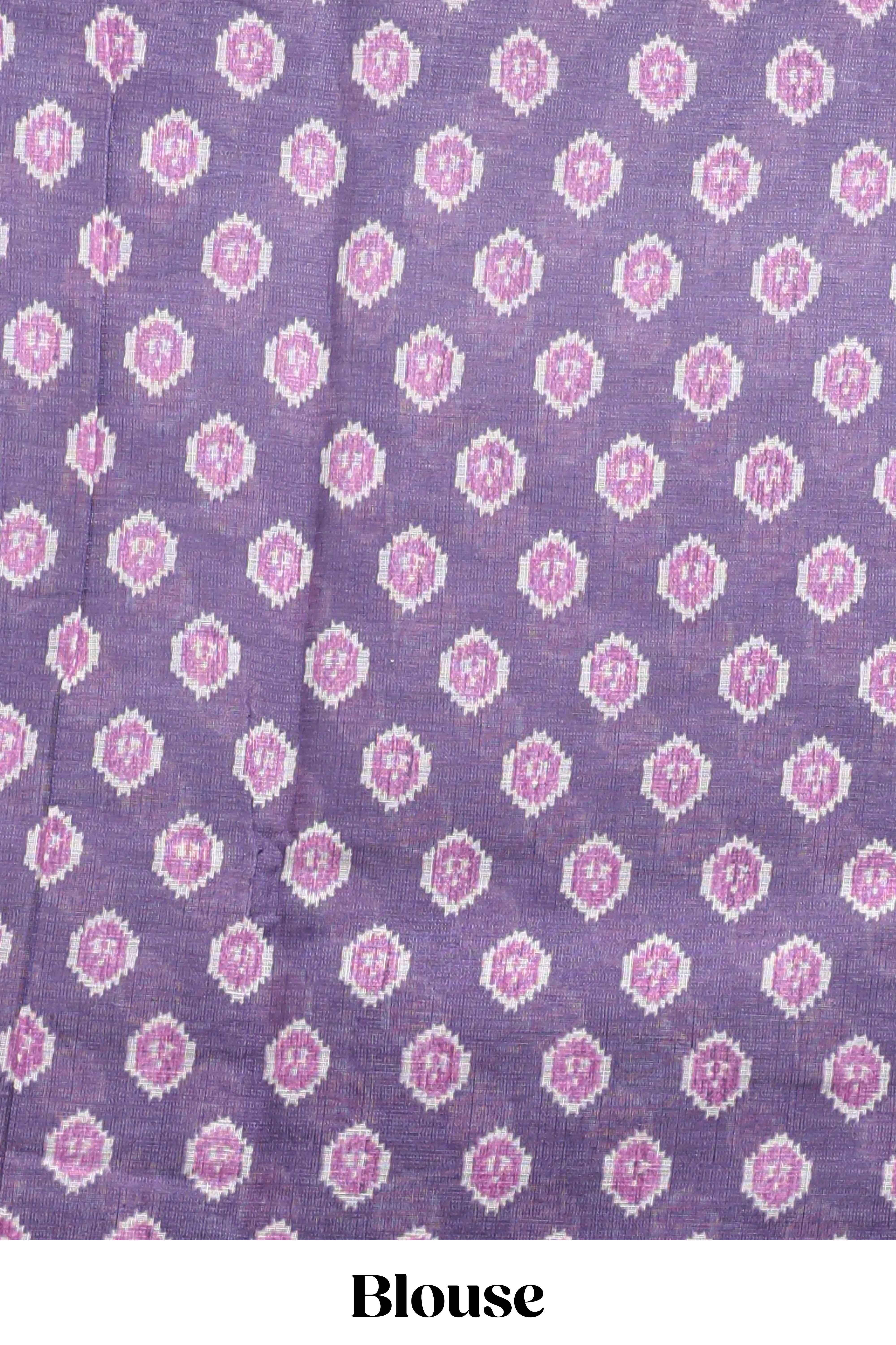 Purple deer & fawn motifs linen cotton saree with self zari border and contrast ikkat style pallu