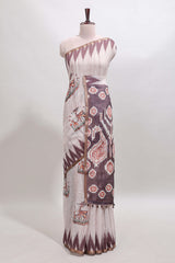 Brown deer & fawn motifs linen cotton saree with self zari border and contrast ikkat style pallu