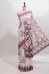 Brown deer & fawn motifs linen cotton saree with self zari border and contrast ikkat style pallu