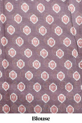 Brown deer & fawn motifs linen cotton saree with self zari border and contrast ikkat style pallu
