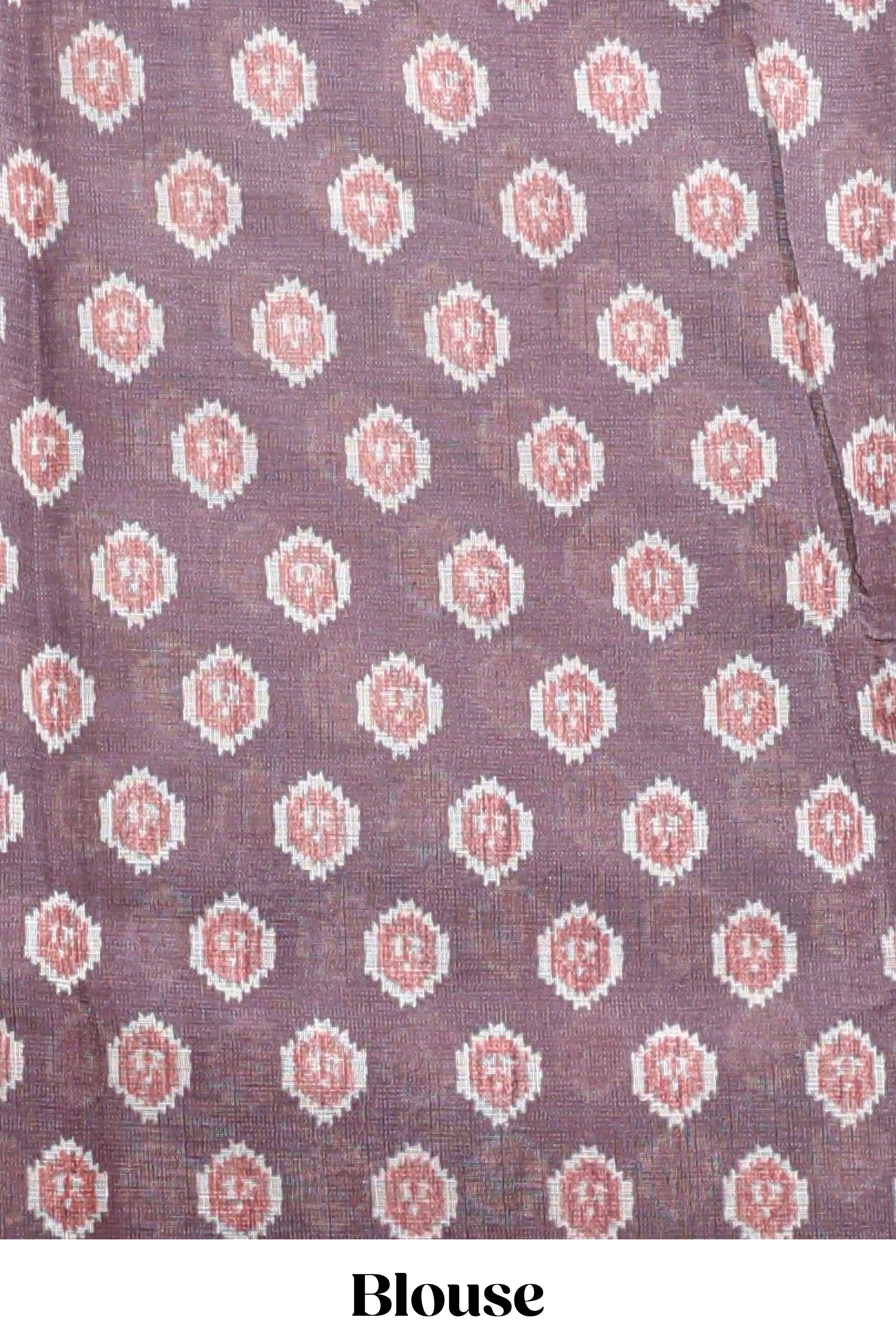 Brown deer & fawn motifs linen cotton saree with self zari border and contrast ikkat style pallu