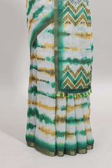 White tie & dye striped linen cotton saree with contrast zari border and printed blouse