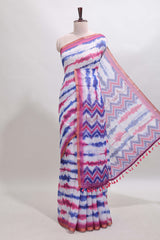 White tie & dye striped linen cotton saree with contrast zari border and printed blouse