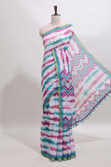 White tie & dye striped linen cotton saree with contrast zari border and printed blouse