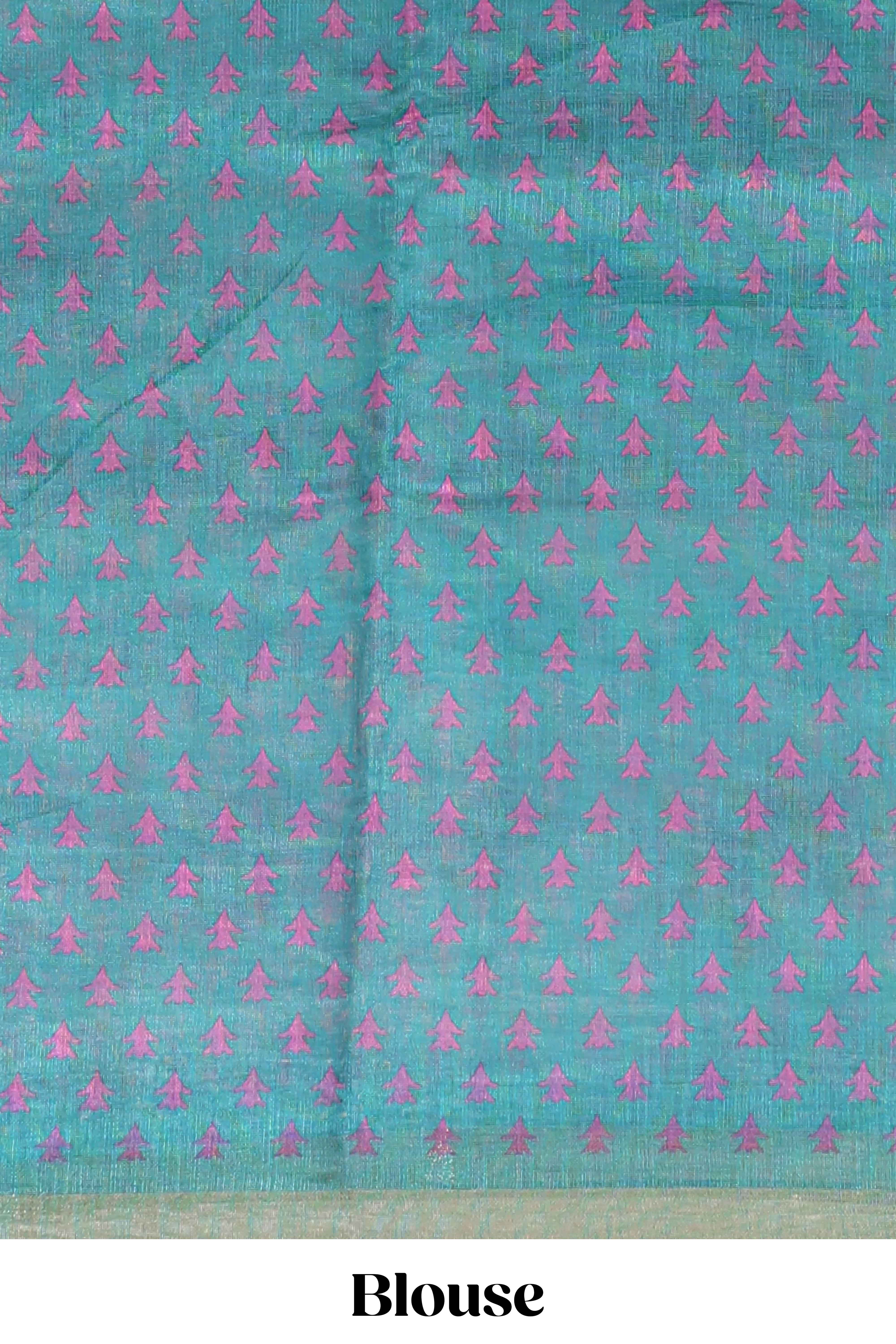 White tie & dye striped linen cotton saree with contrast zari border and printed blouse