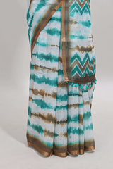 White tie & dye striped linen cotton saree with contrast zari border and printed blouse