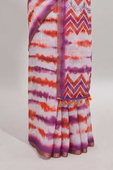 White tie & dye striped linen cotton saree with contrast zari border and printed blouse