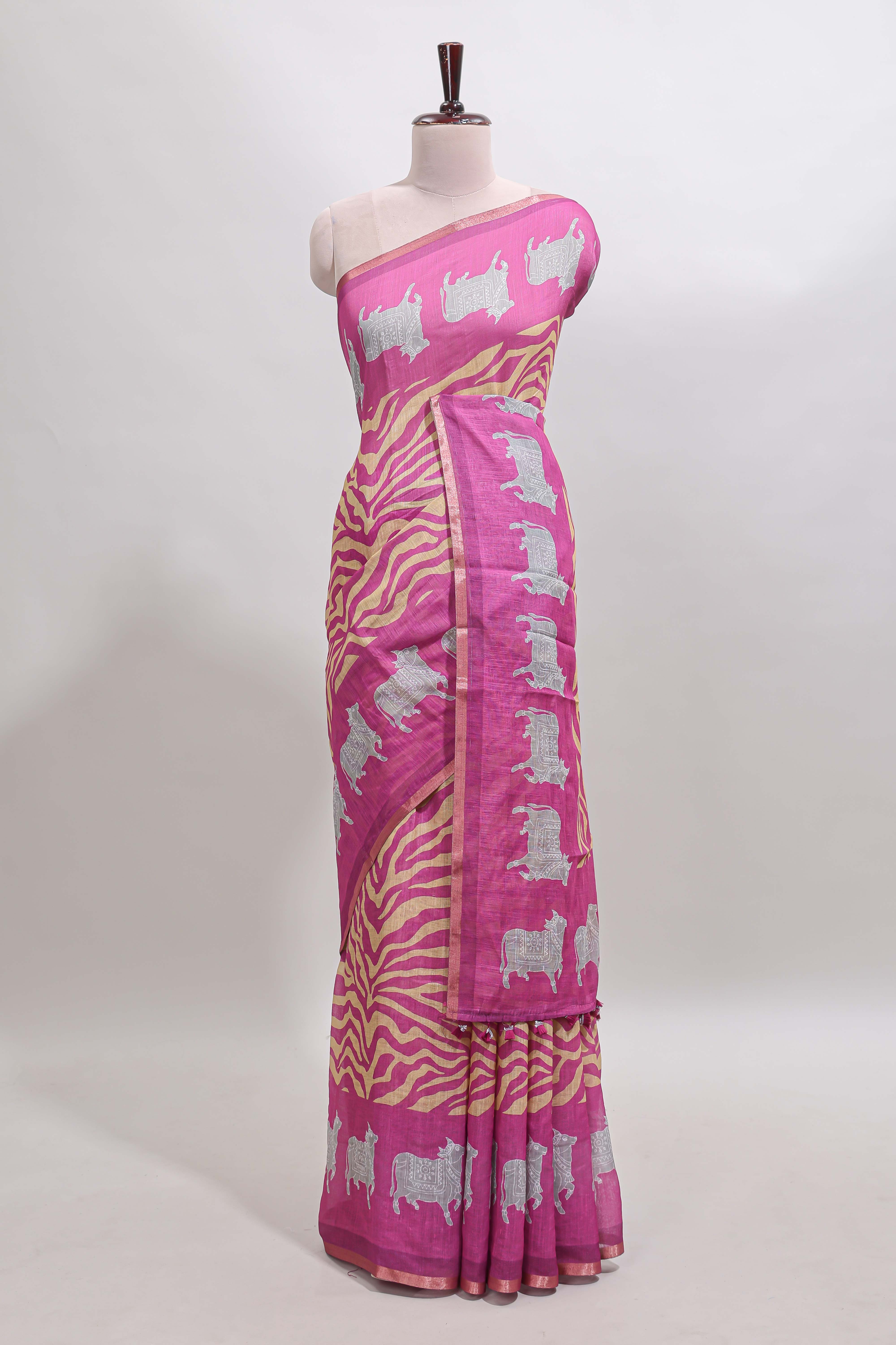 Pink pichwai cow prints & Zebra inspired pattern linen cotton saree with self zari border and matching blouse