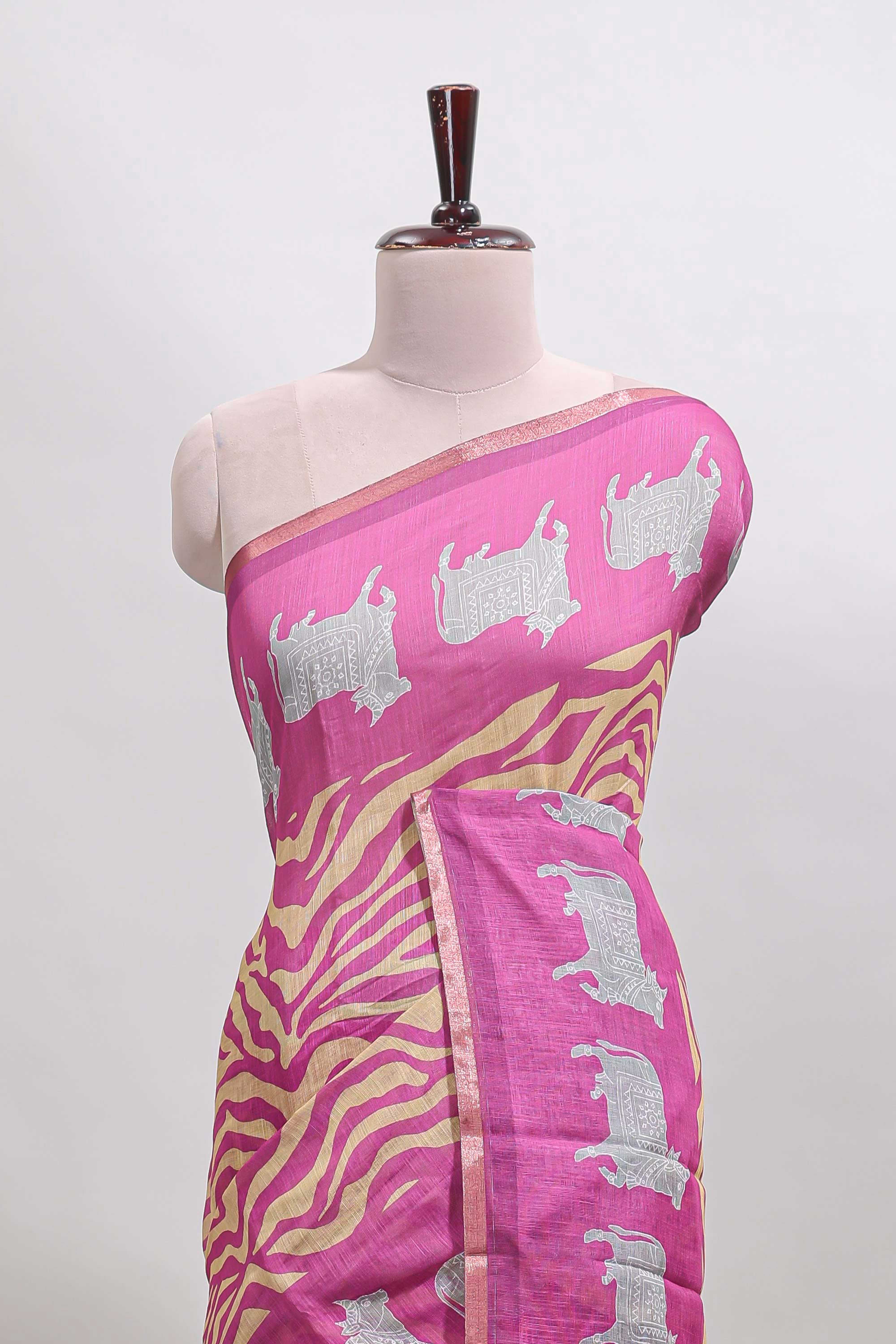 Pink pichwai cow prints & Zebra inspired pattern linen cotton saree with self zari border and matching blouse