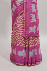 Pink pichwai cow prints & Zebra inspired pattern linen cotton saree with self zari border and matching blouse