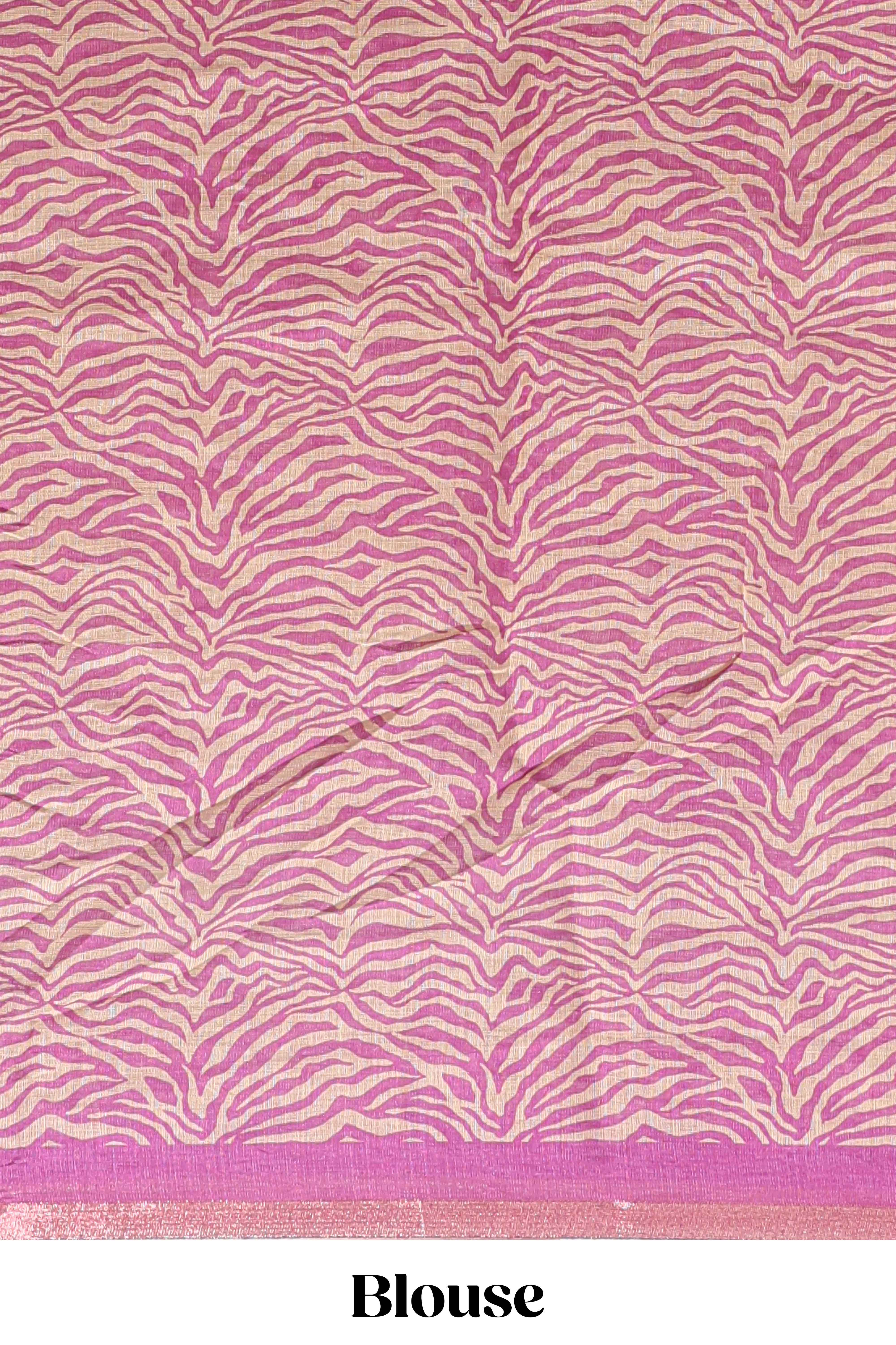 Pink pichwai cow prints & Zebra inspired pattern linen cotton saree with self zari border and matching blouse
