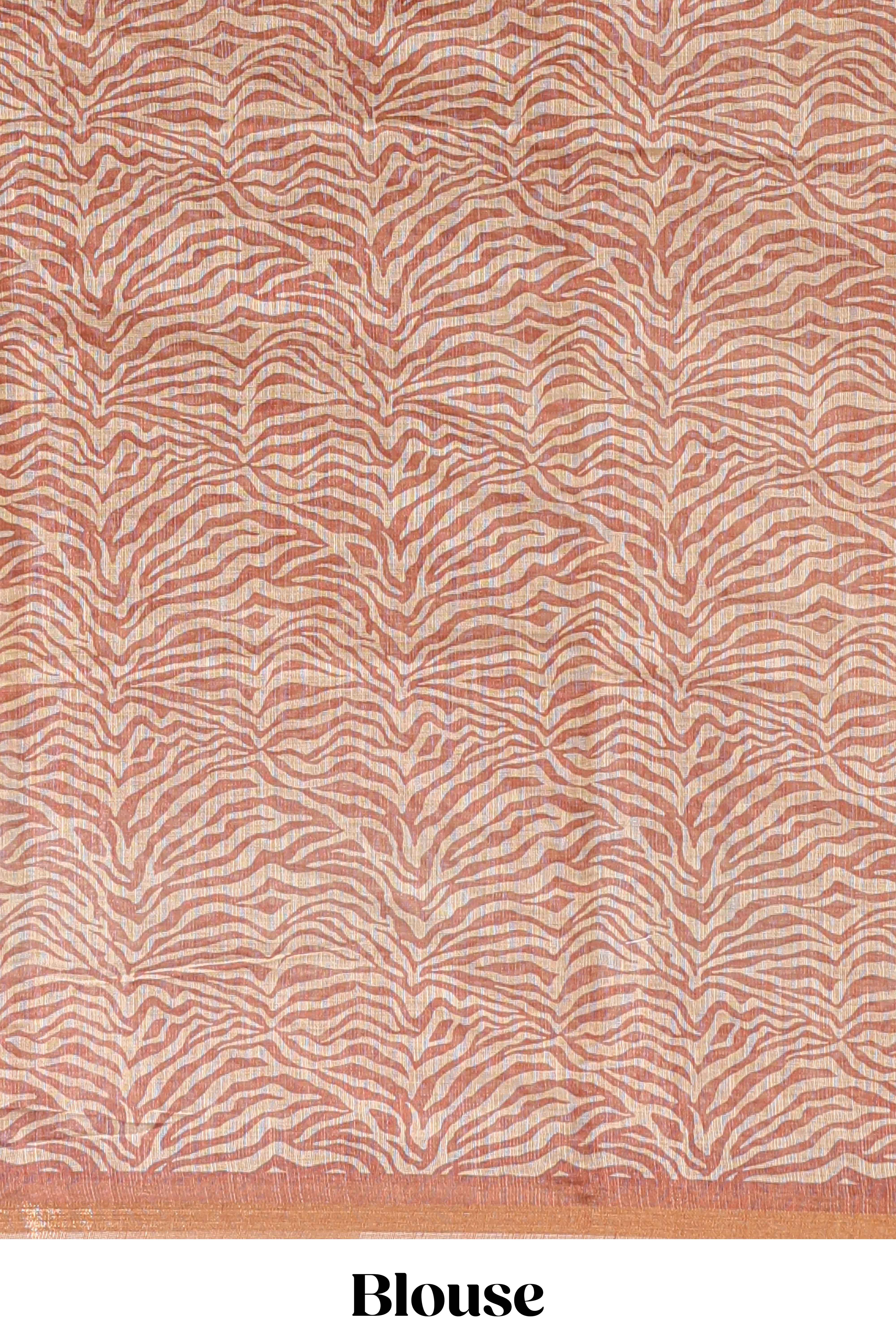 Brown pichwai cow prints & Zebra inspired pattern linen cotton saree with self zari border and matching blouse