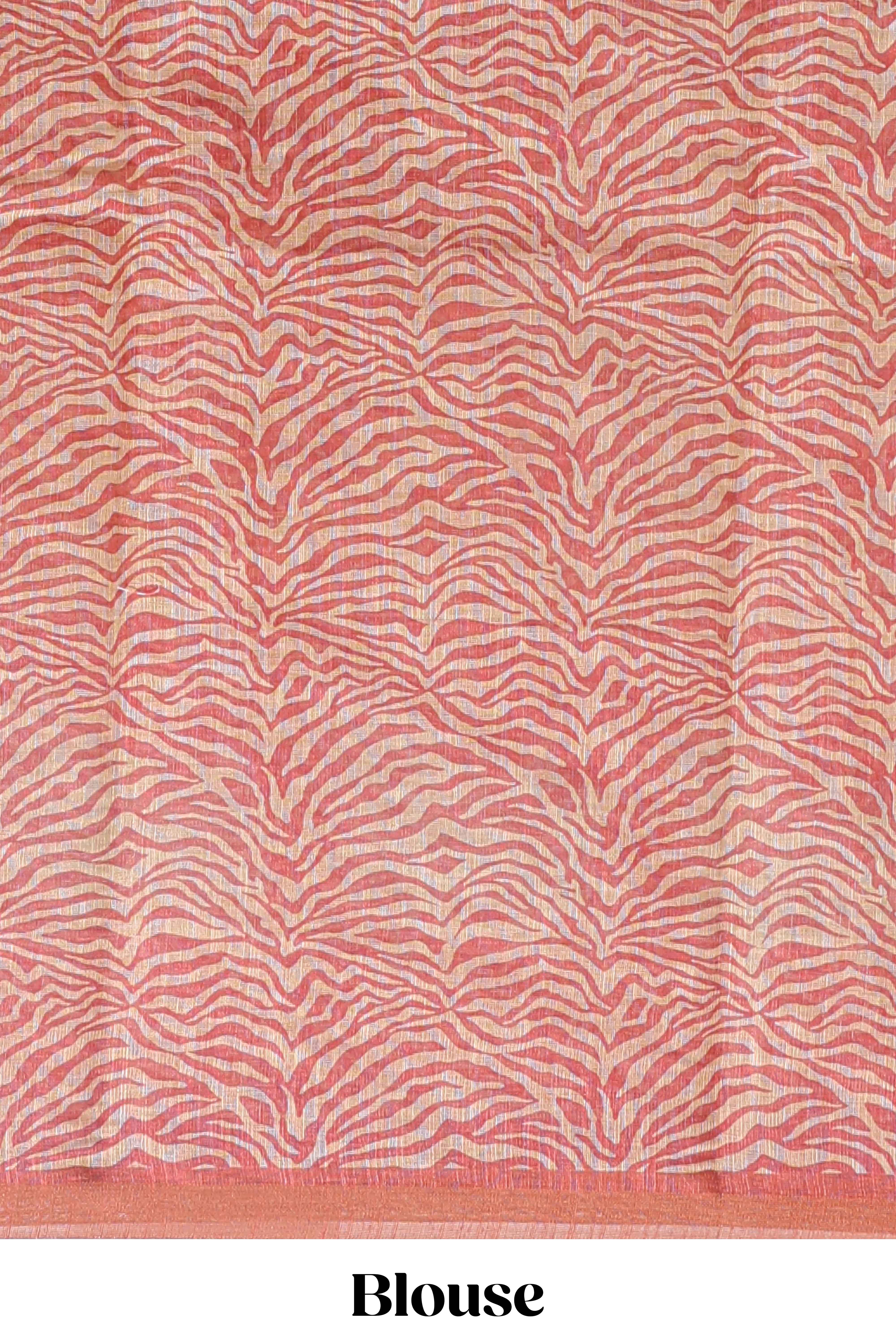 Orange pichwai cow prints & Zebra inspired pattern linen cotton saree with self zari border and matching blouse