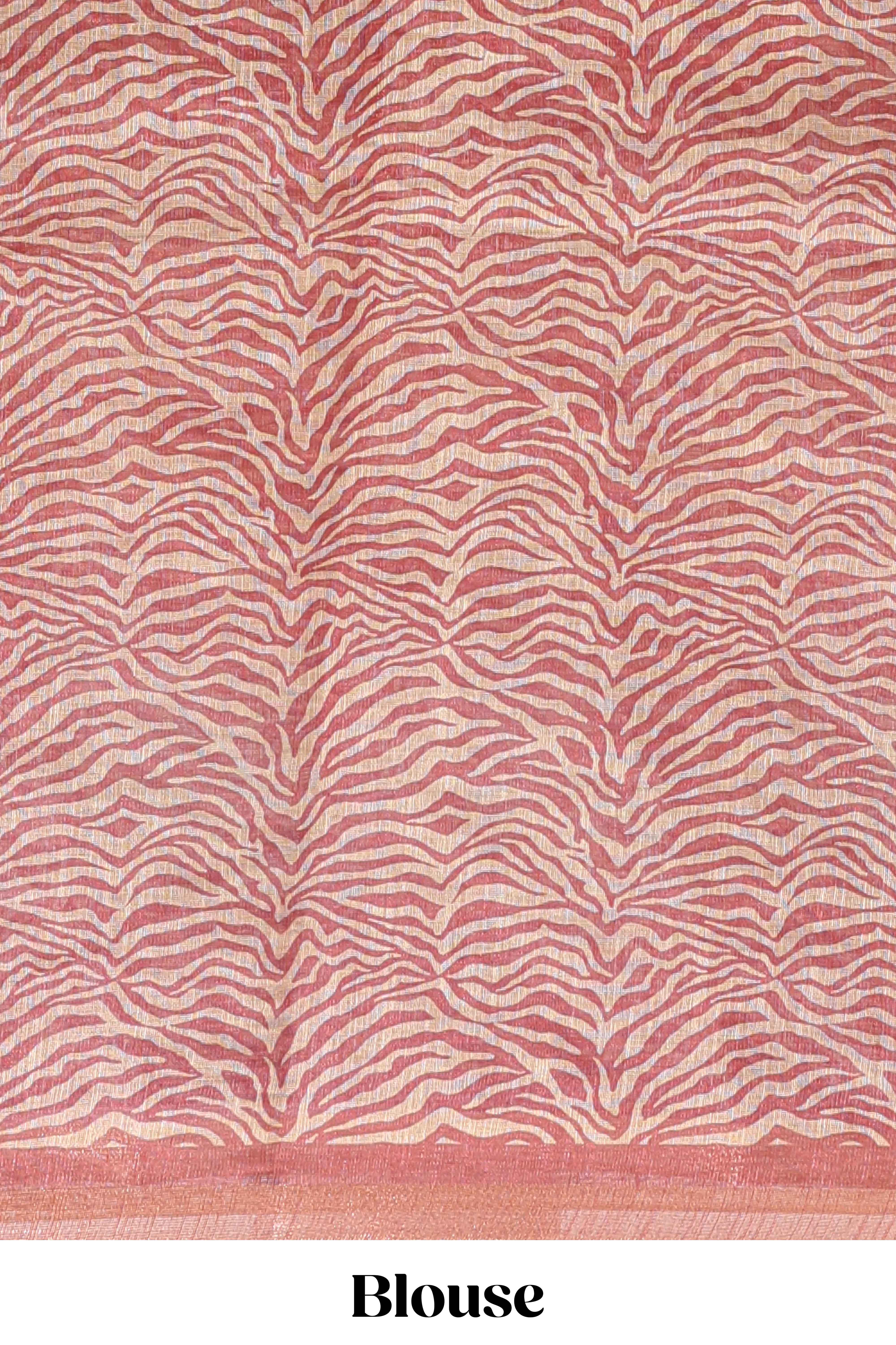Peach pichwai cow prints & Zebra inspired pattern linen cotton saree with self zari border and matching blouse