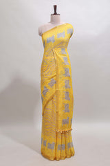 Yellow pichwai cow prints & Zebra inspired pattern linen cotton saree with self zari border and matching blouse
