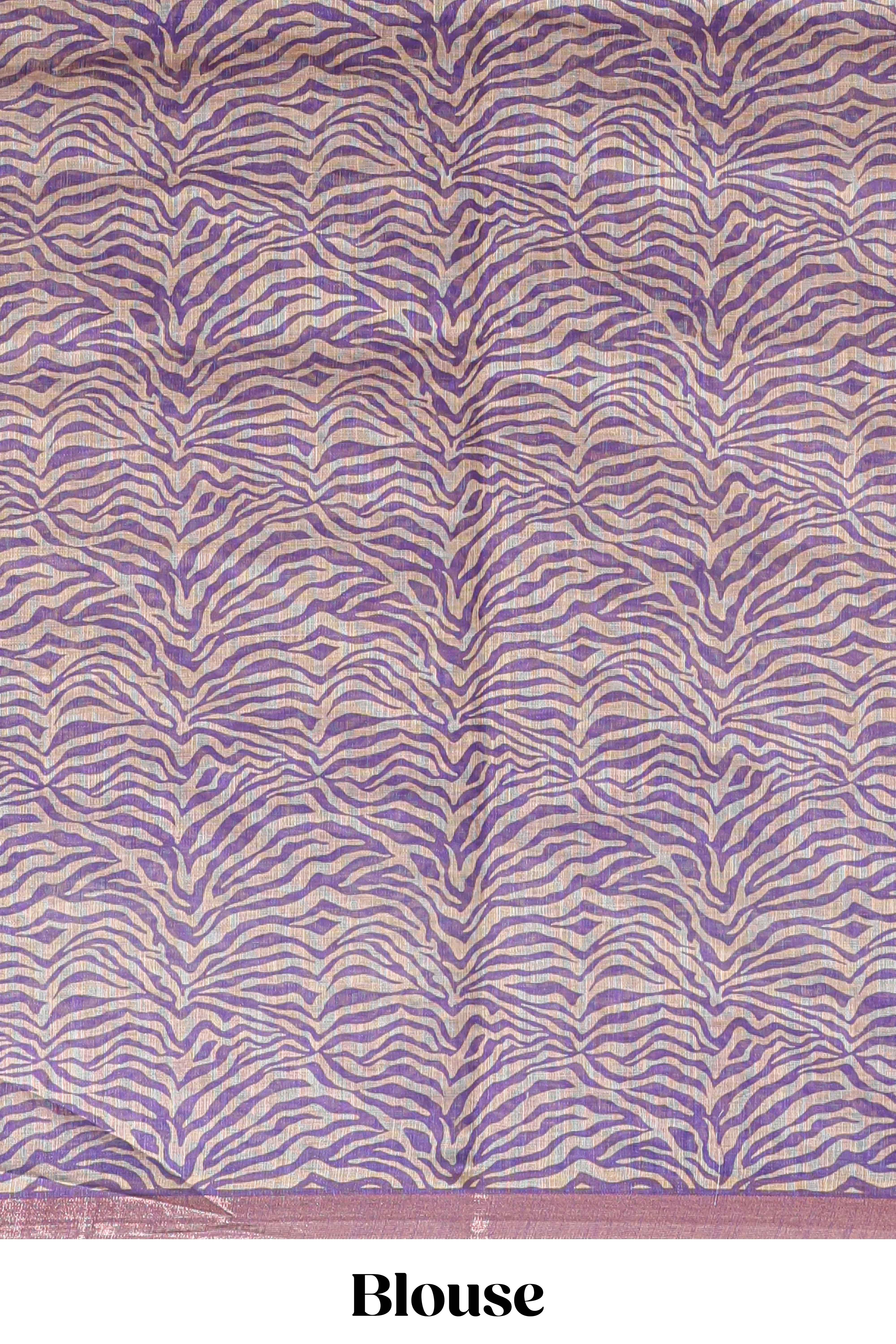 Violet pichwai cow prints & Zebra inspired pattern linen cotton saree with self zari border and matching blouse