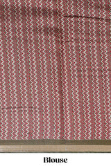 Brown shibori print linen cotton saree with contrast green zari border and printed blouse
