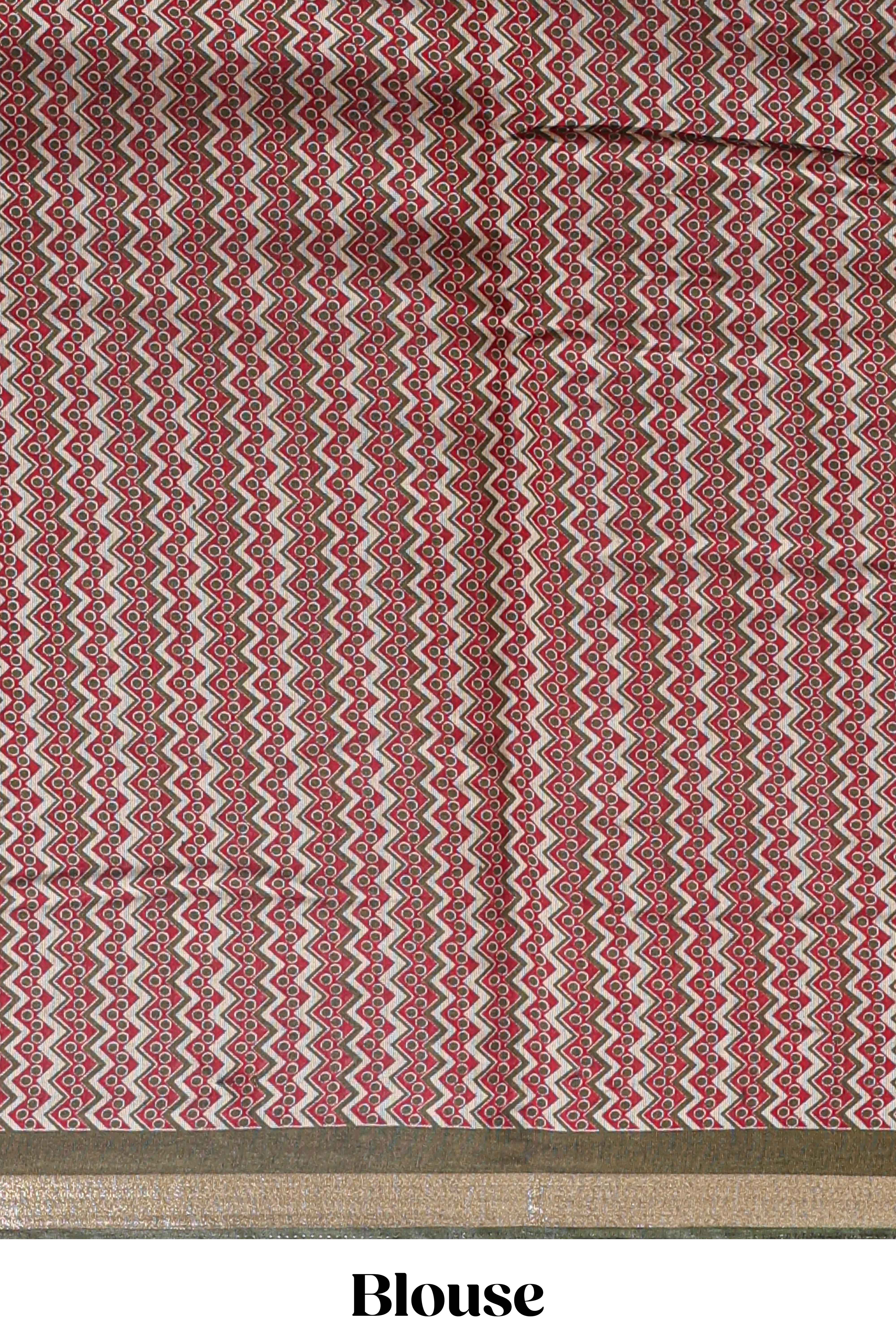 Brown shibori print linen cotton saree with contrast green zari border and printed blouse