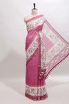 Onion pink floral & bird motif bottom with checked body linen cotton saree, self zari border and matching blouse