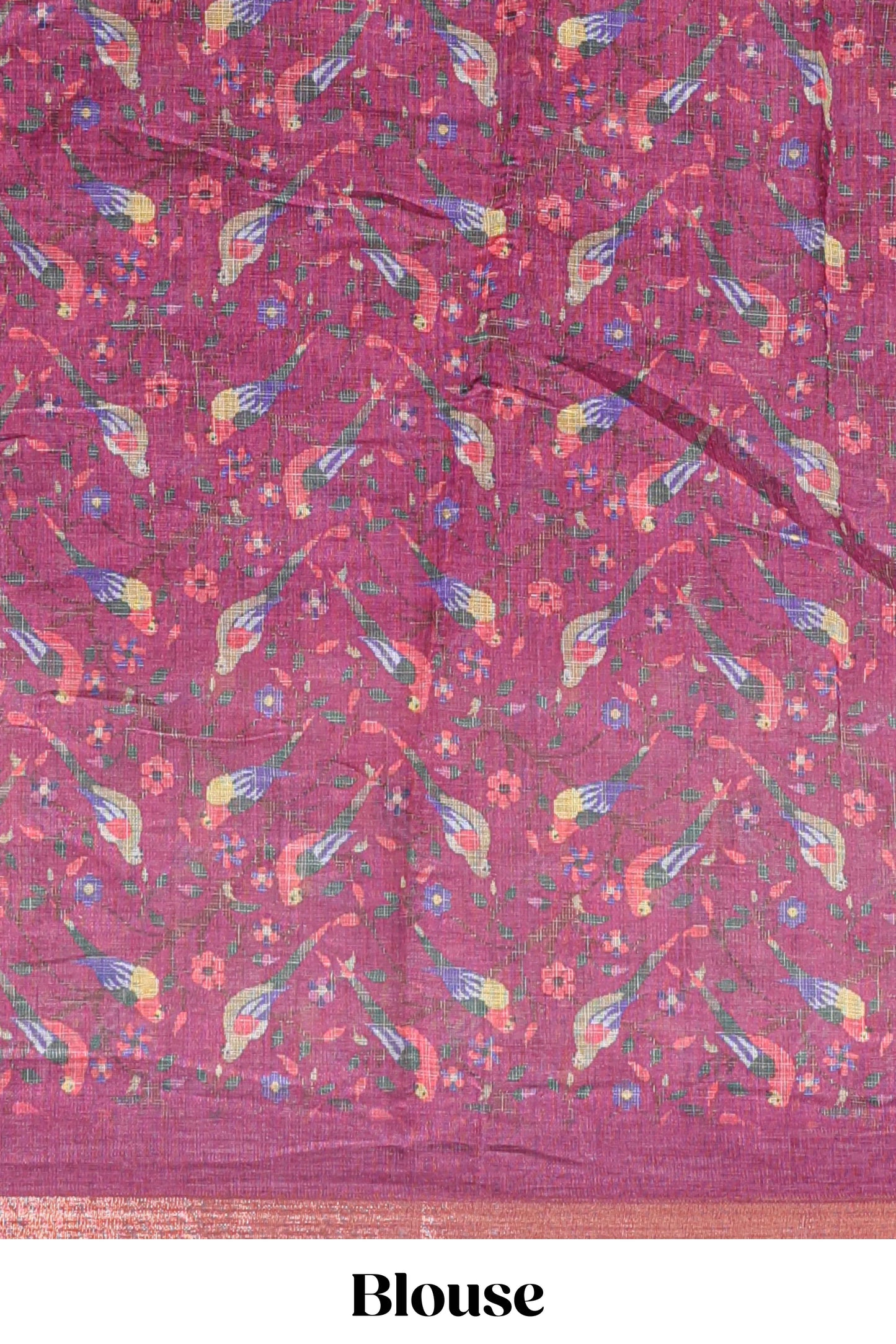 Onion pink floral & bird motif bottom with checked body linen cotton saree, self zari border and matching blouse