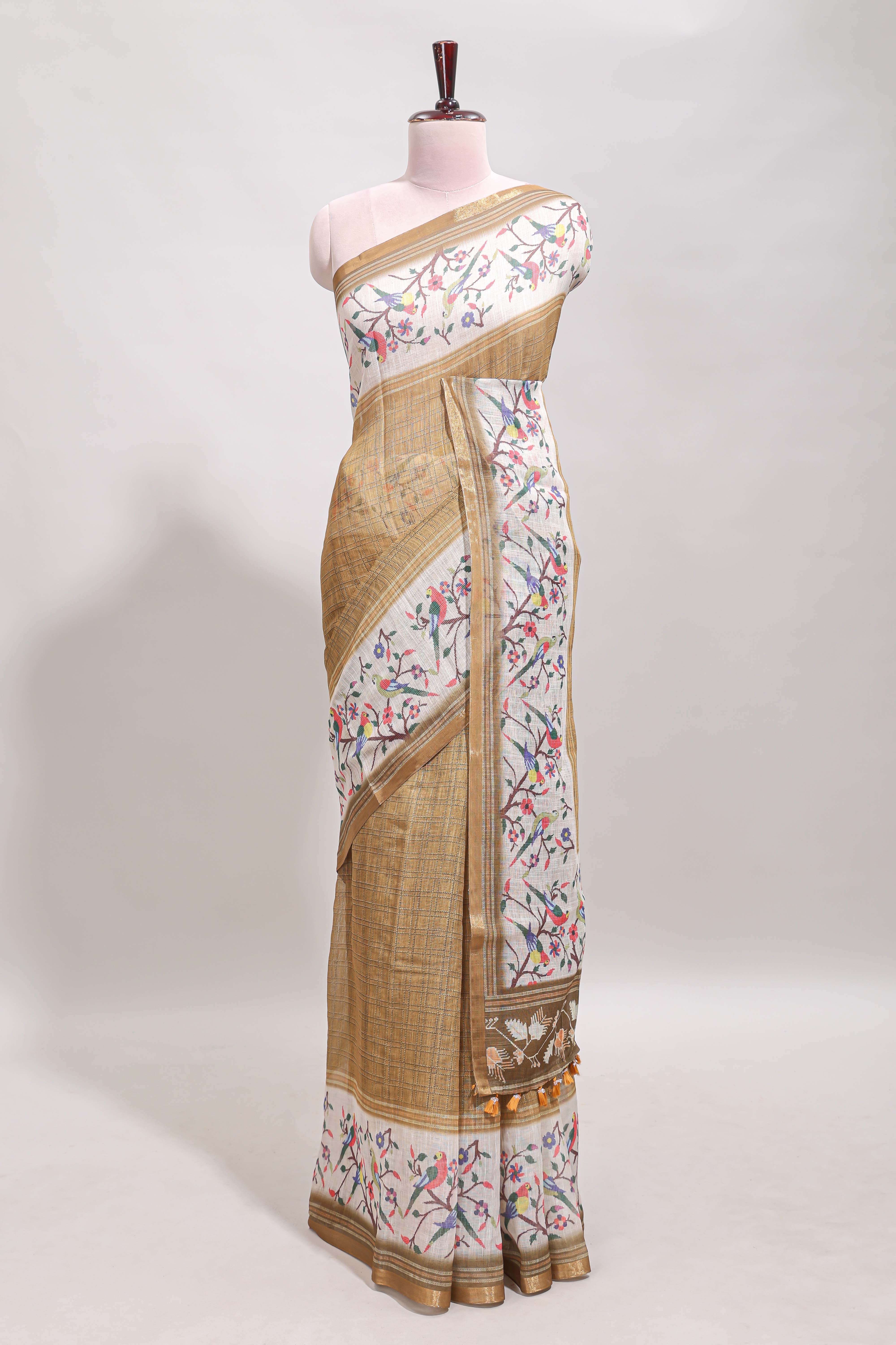 Sandal floral & bird motif bottom with checked body linen cotton saree, self zari border and matching blouse