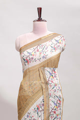 Sandal floral & bird motif bottom with checked body linen cotton saree, self zari border and matching blouse