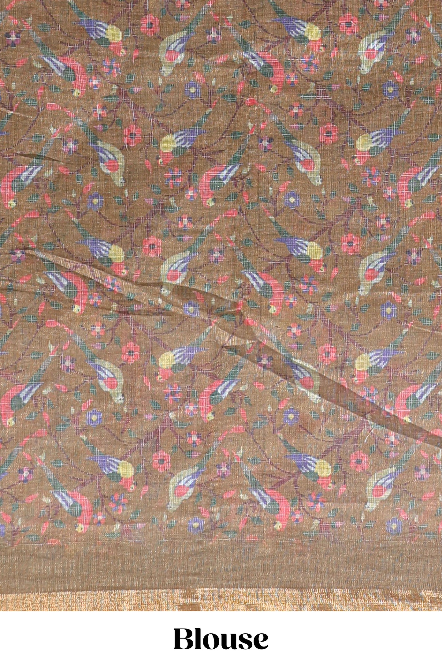Sandal floral & bird motif bottom with checked body linen cotton saree, self zari border and matching blouse