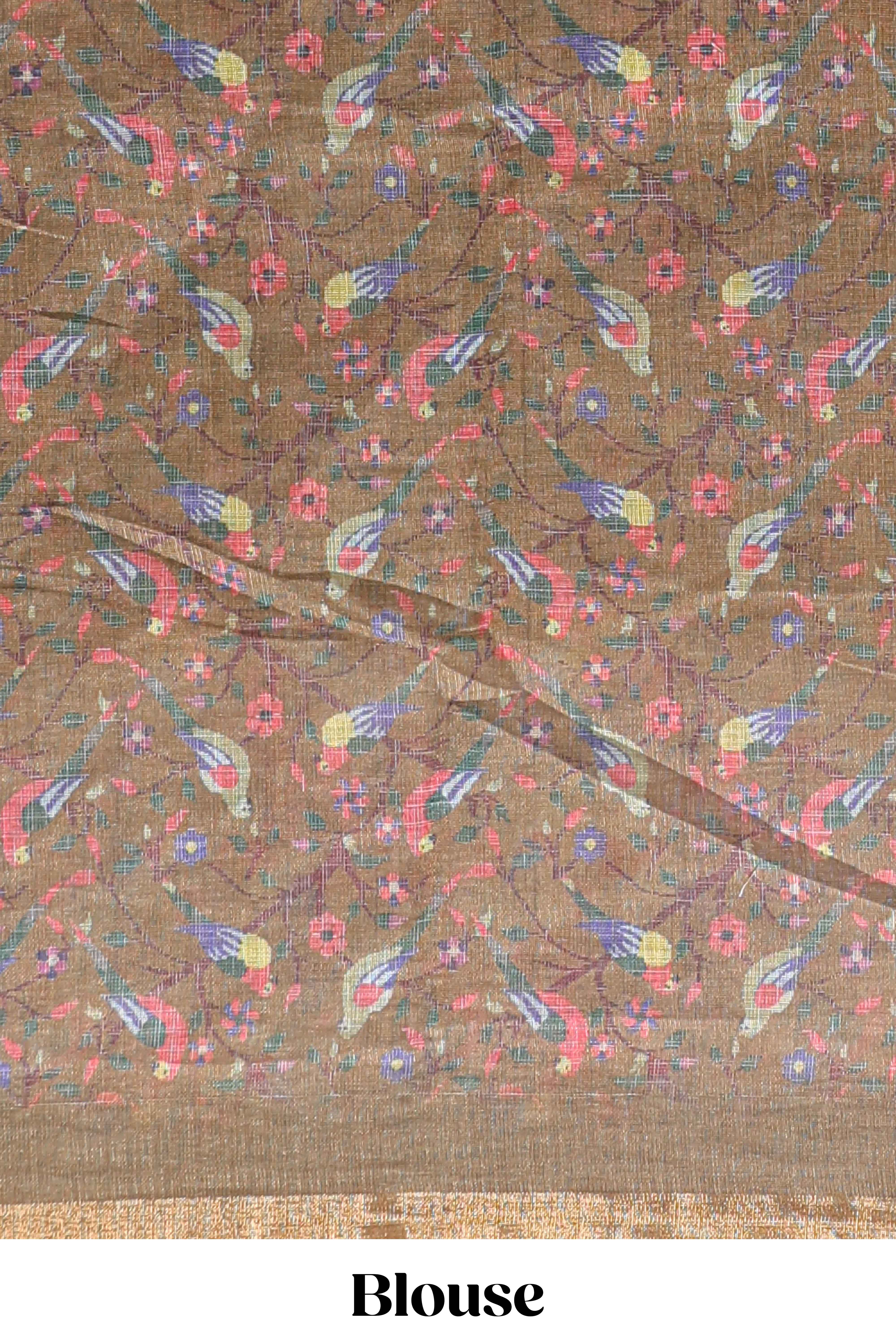 Sandal floral & bird motif bottom with checked body linen cotton saree, self zari border and matching blouse