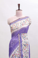 Violet floral & bird motif bottom with checked body linen cotton saree, self zari border and matching blouse