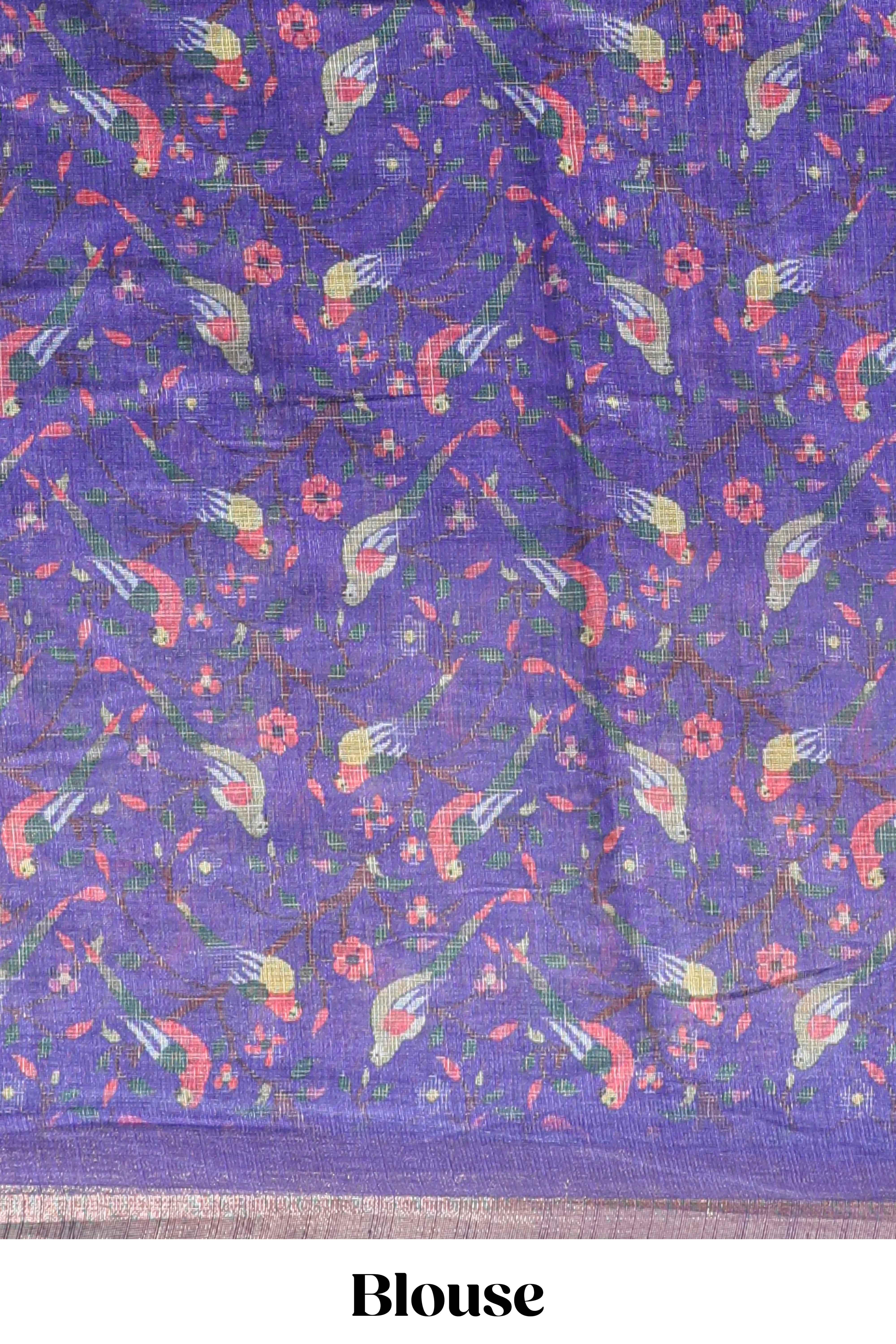 Violet floral & bird motif bottom with checked body linen cotton saree, self zari border and matching blouse