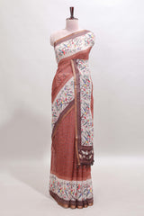 Brown floral & bird motif bottom with checked body linen cotton saree, self zari border and matching blouse