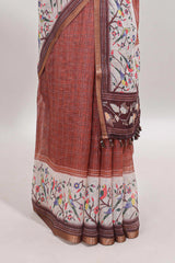 Brown floral & bird motif bottom with checked body linen cotton saree, self zari border and matching blouse