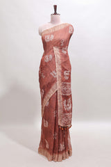 Brown peacock & floral motifs linen cotton saree with contrast border and matching blouse
