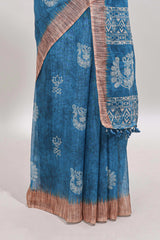 Blue peacock & floral motifs linen cotton saree with contrast border and matching blouse