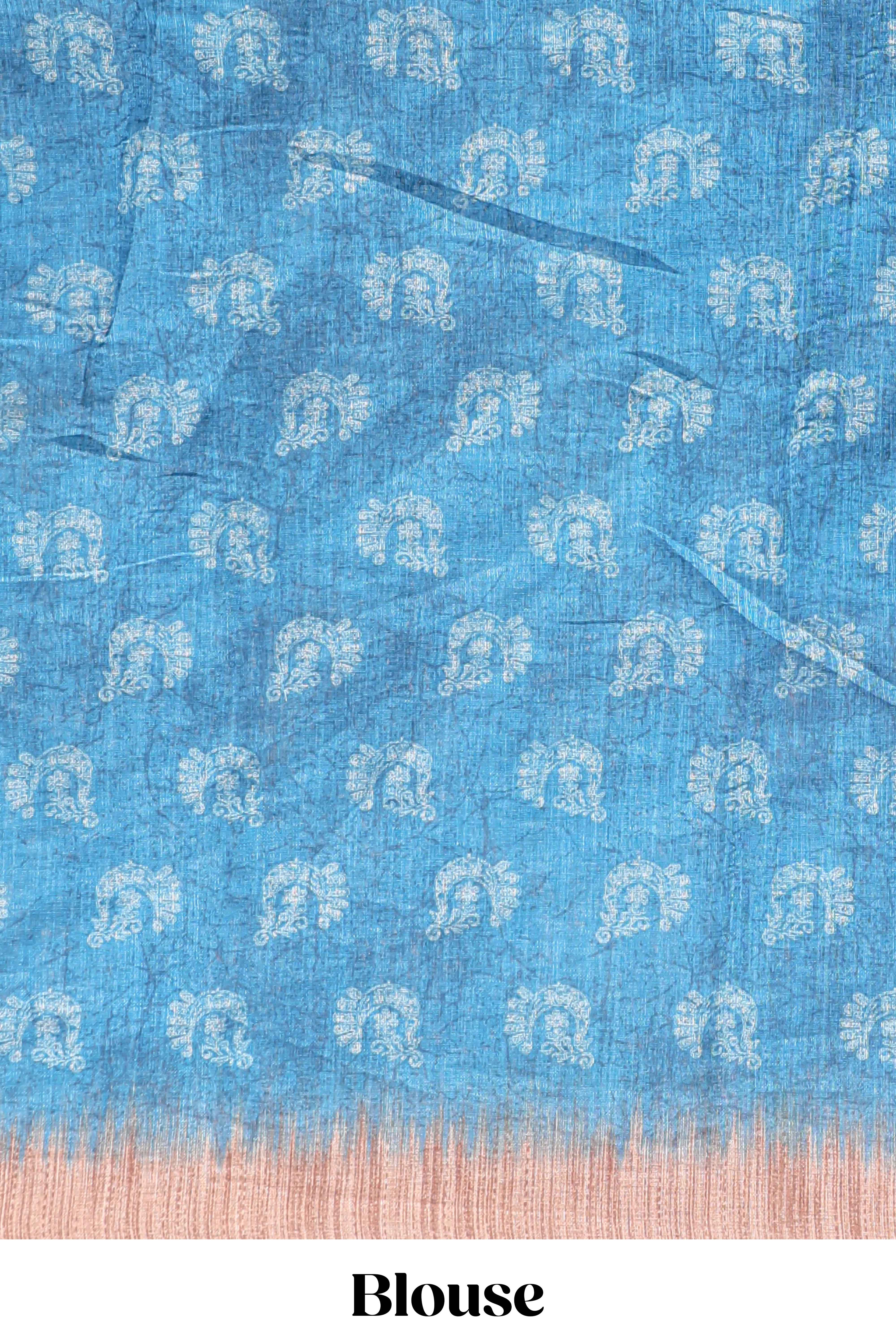 Blue peacock & floral motifs linen cotton saree with contrast border and matching blouse