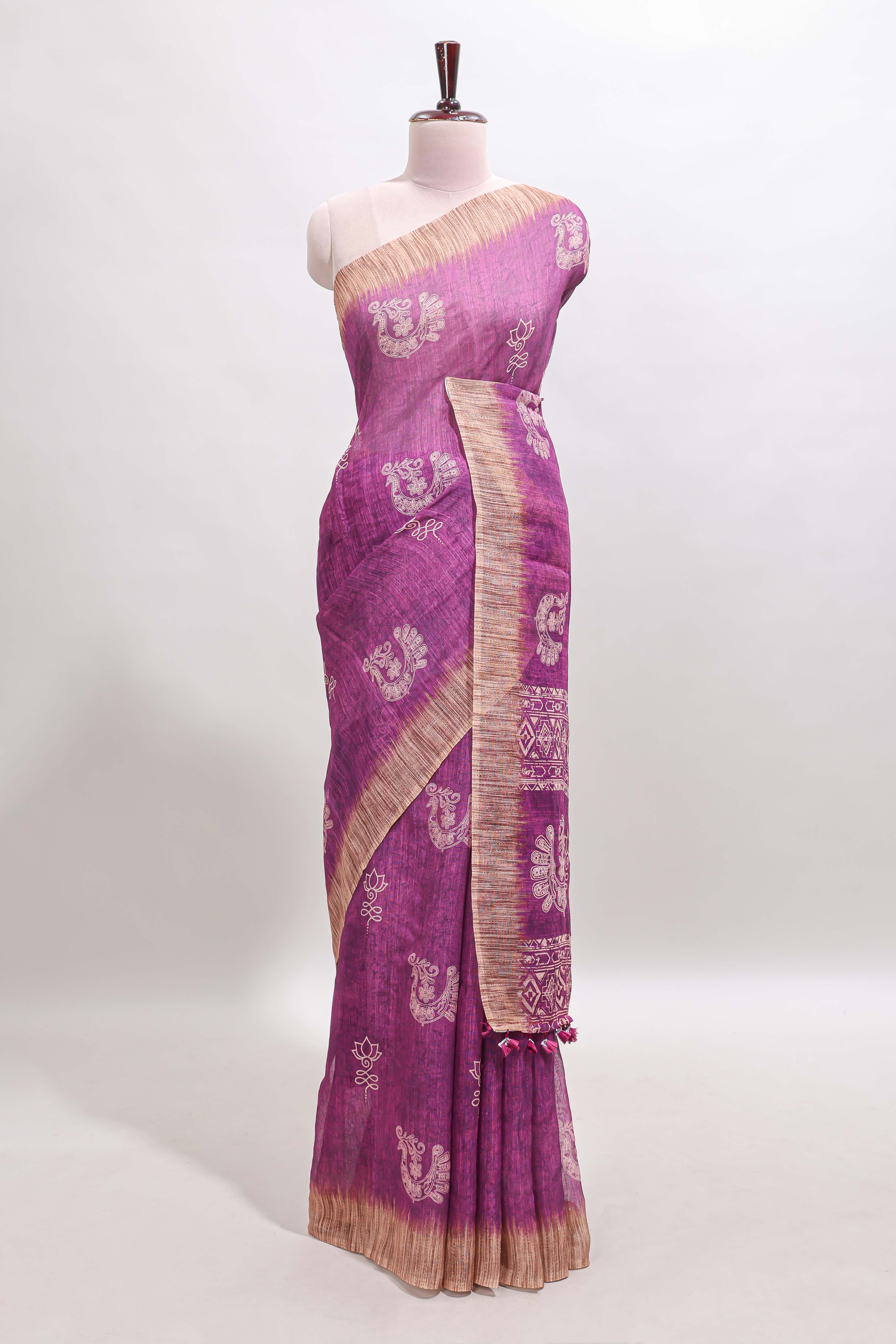 Purple peacock & floral motifs linen cotton saree with contrast border and matching blouse
