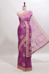 Purple peacock & floral motifs linen cotton saree with contrast border and matching blouse