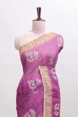Purple peacock & floral motifs linen cotton saree with contrast border and matching blouse