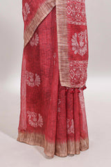 Red peacock & floral motifs linen cotton saree with contrast border and matching blouse
