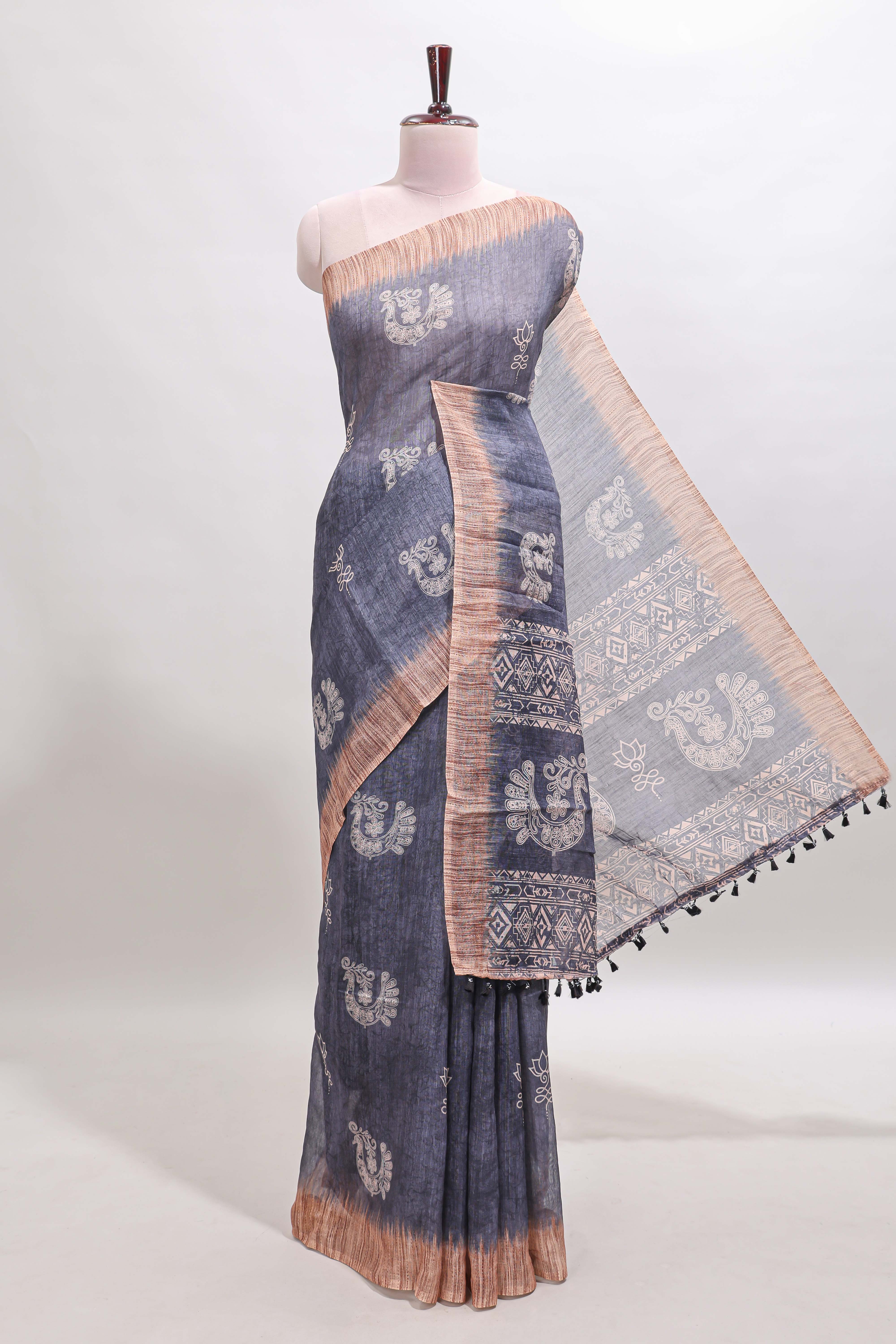 Grey peacock & floral motifs linen cotton saree with contrast border and matching blouse