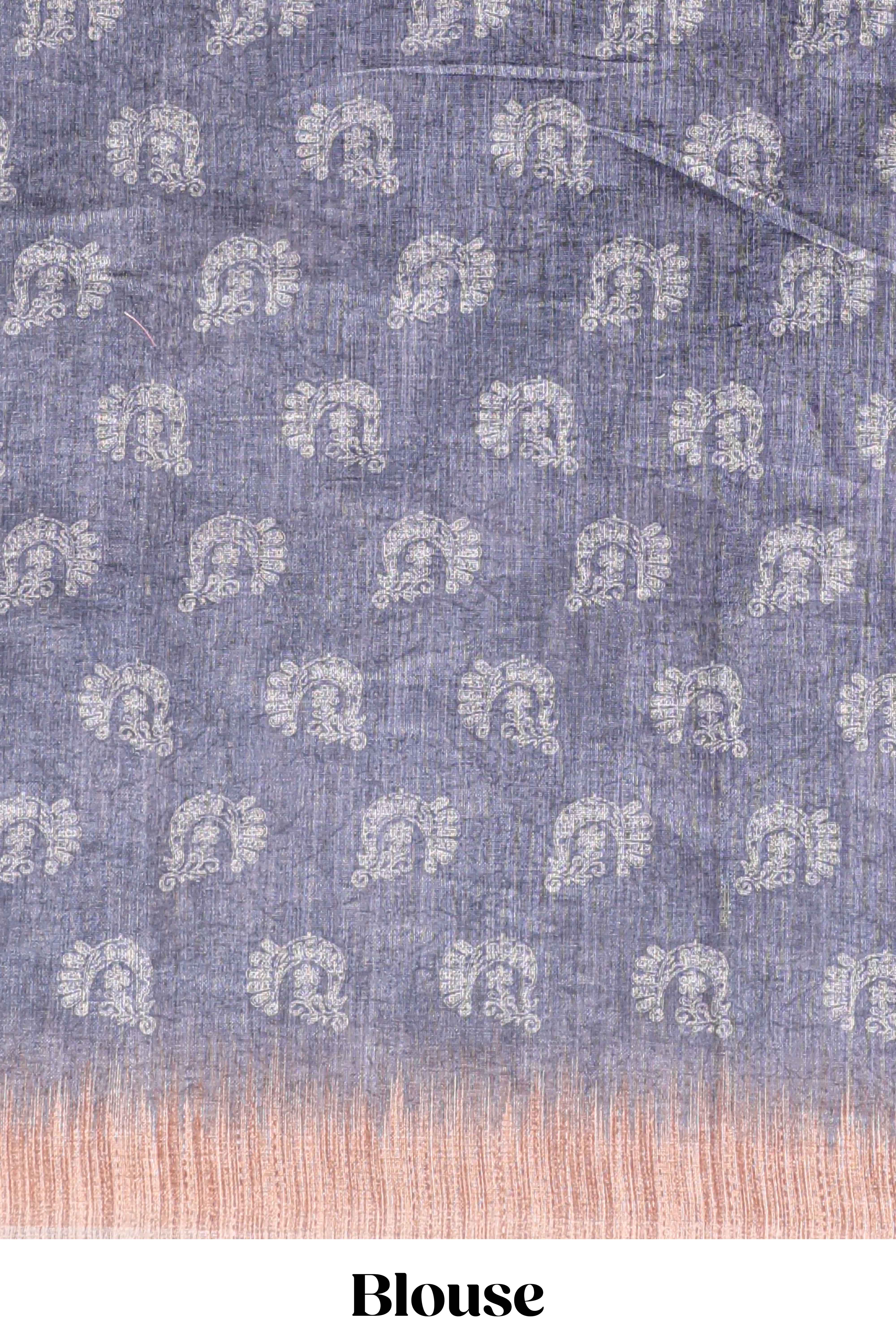 Grey peacock & floral motifs linen cotton saree with contrast border and matching blouse