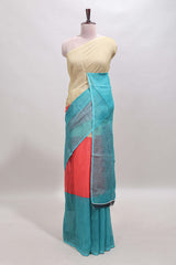 Borderless multi color dual shade plain linen cotton saree with contrast blouse