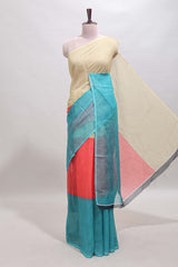 Borderless multi color dual shade plain linen cotton saree with contrast blouse