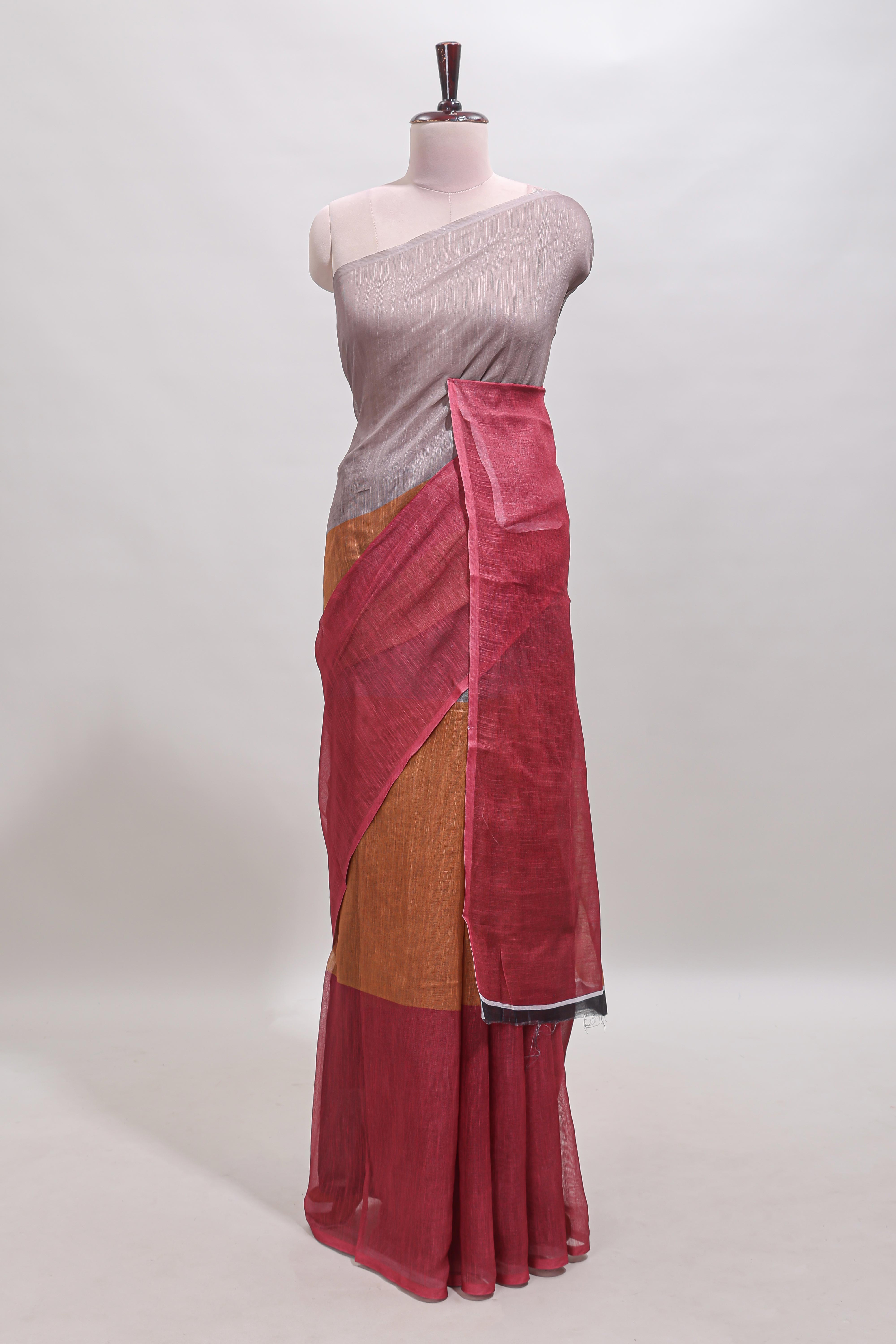 Borderless multi color dual shade plain linen cotton saree with contrast blouse