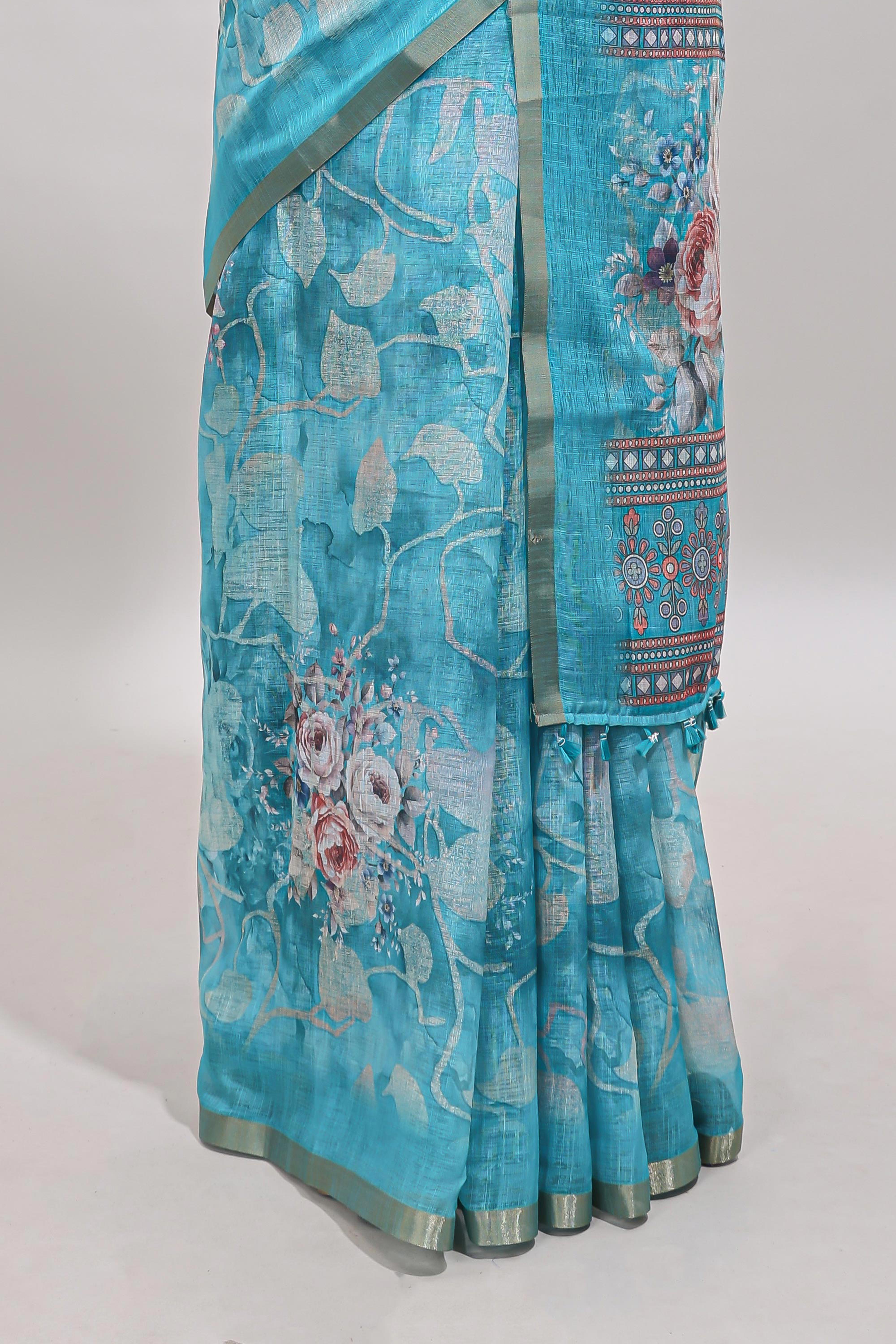 Blue floral design linen cotton saree with self zari border and matching blouse