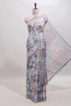 Grey floral design linen cotton saree with self zari border and matching blouse