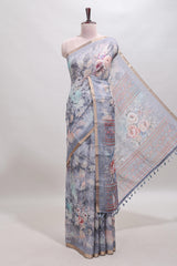 Grey floral design linen cotton saree with self zari border and matching blouse