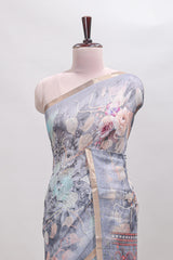 Grey floral design linen cotton saree with self zari border and matching blouse